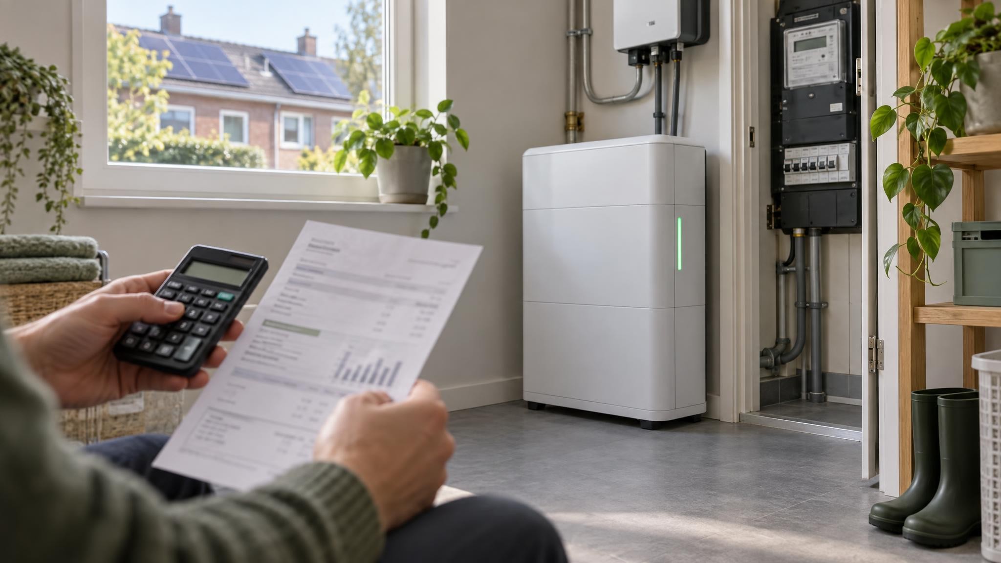 Thuisbatterij in een bijkeuken naast de meterkast, met een rekenmachine en energierekening op de voorgrond