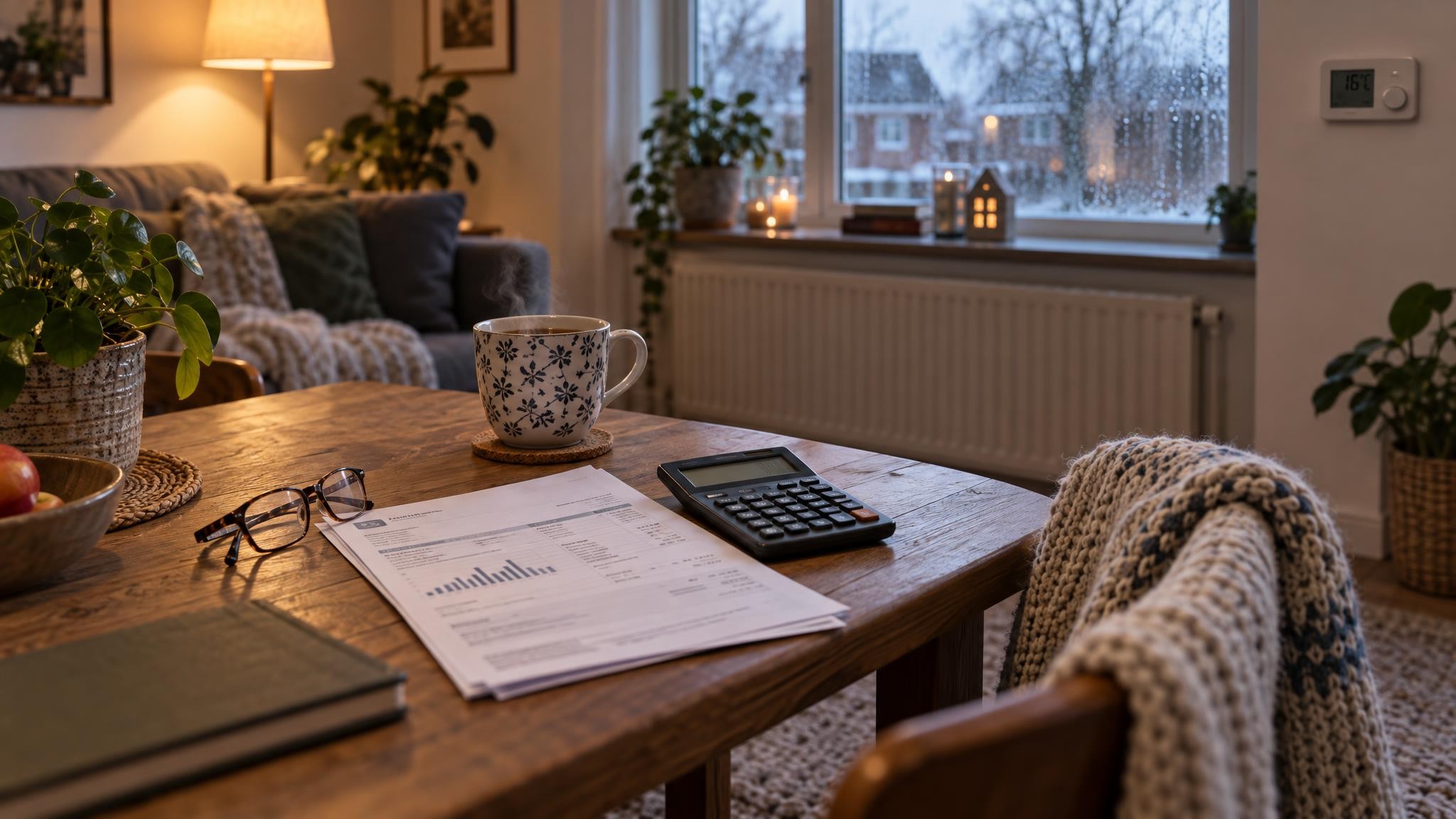 Energierekening en rekenmachine op een keukentafel in een Nederlandse woonkamer, met een radiator en een laag ingestelde thermostaat op de achtergrond