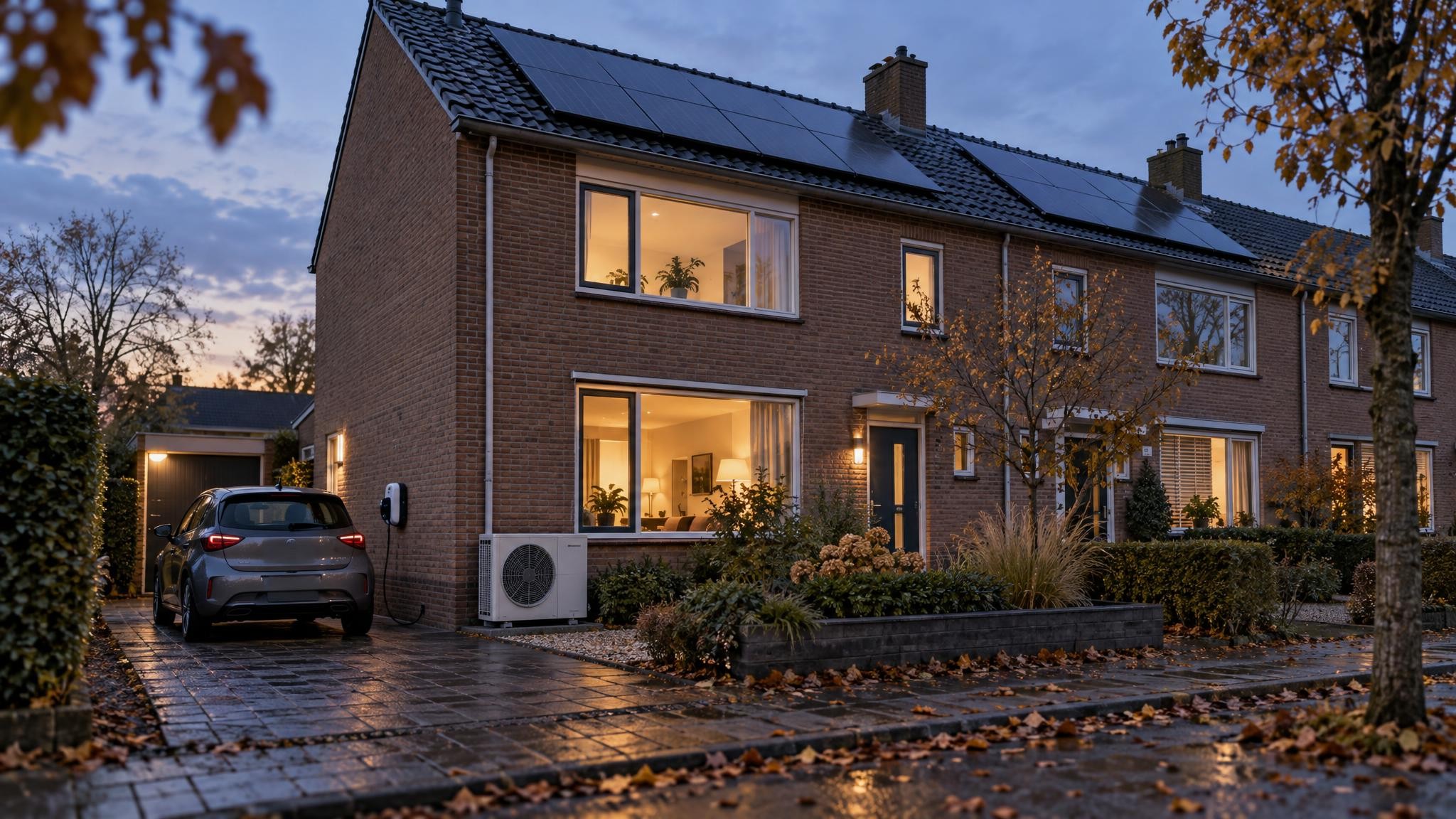 Nederlands rijtjeshuis met zonnepanelen, een warmtepomp aan de gevel en een elektrische auto aan de laadpaal