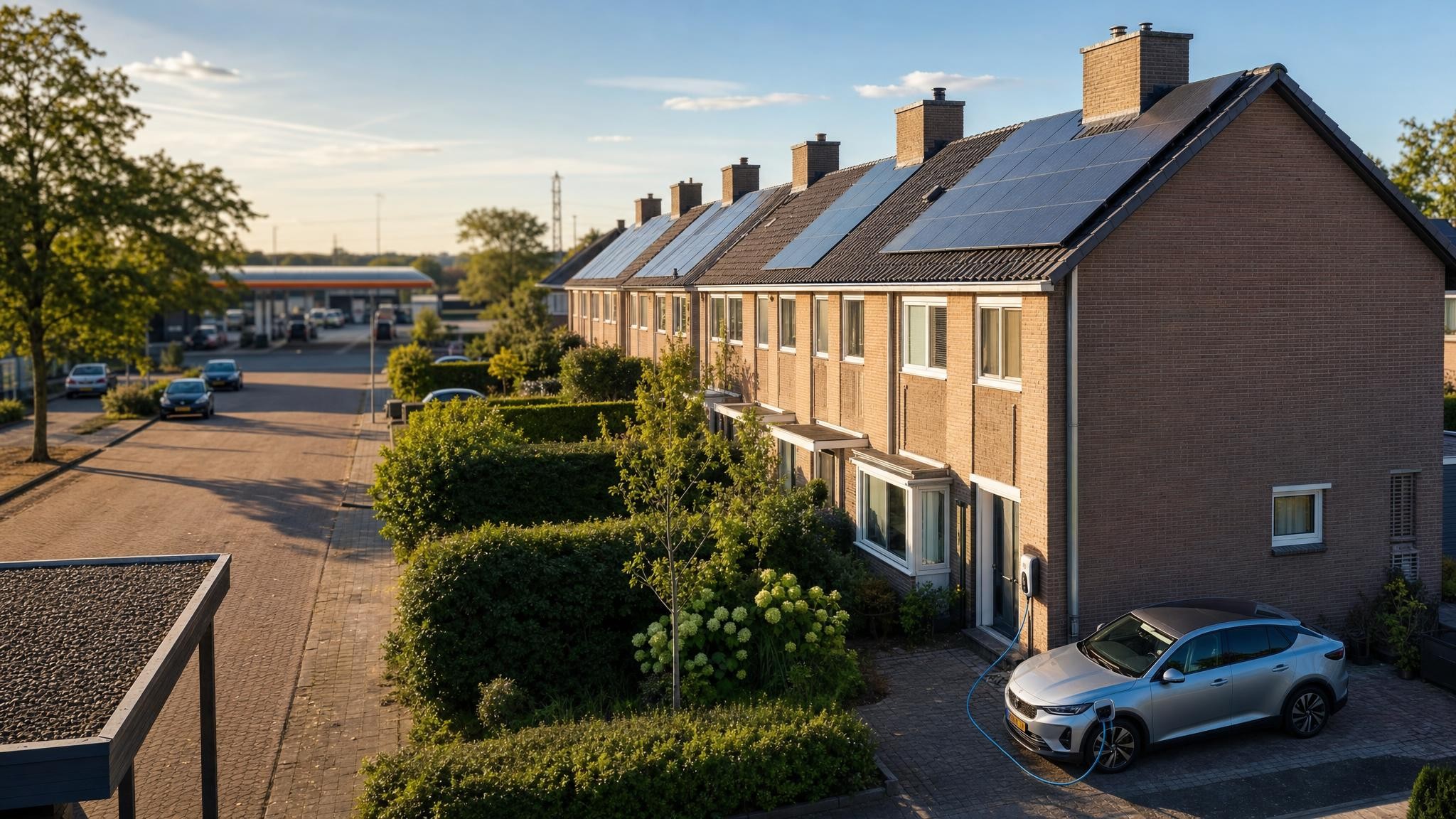 Rij Nederlandse woningen met zonnepanelen op het dak en een elektrische auto aan de laadpaal in de middagzon