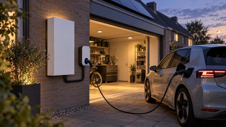 Thuisbatterij aan de muur van een garage naast een laadpaal met een aangesloten elektrische auto in de avondschemering