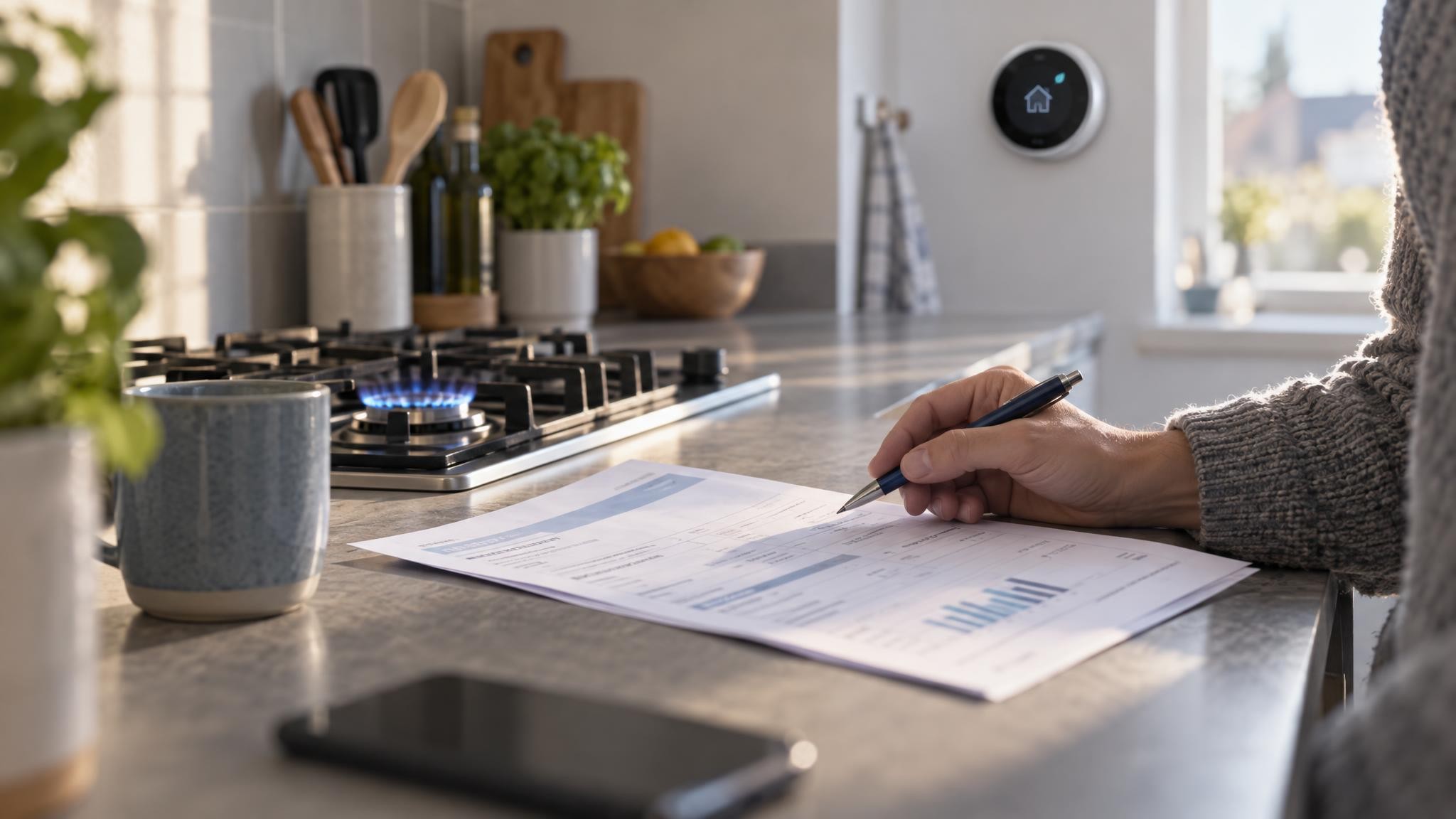 Energierekening naast een gasfornuis met een kleine blauwe vlam