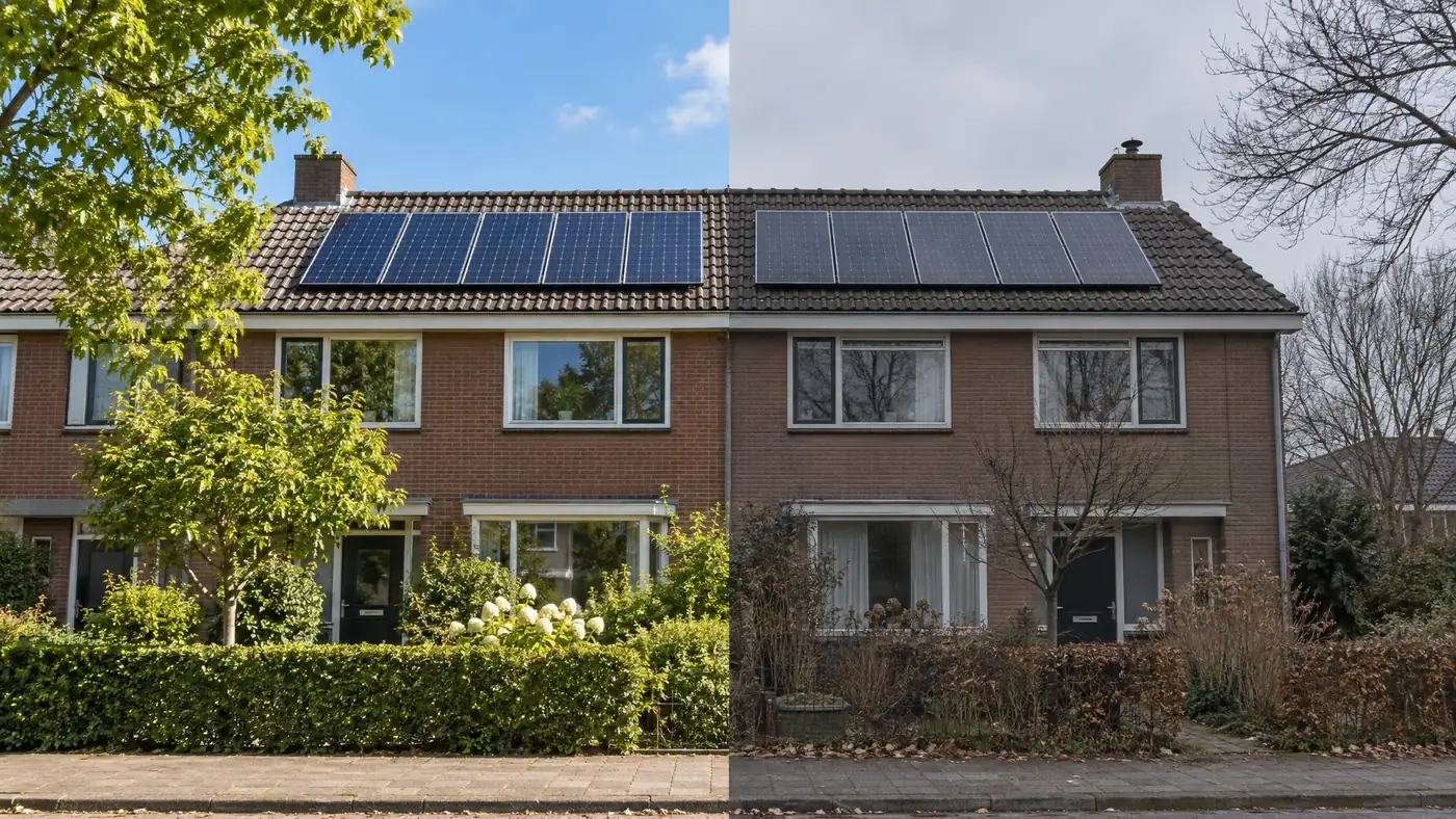 Dezelfde rijtjeswoning met zonnepanelen op een zonnige zomerdag en op een grijze winterdag