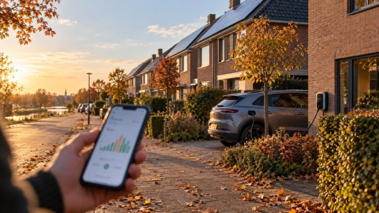 Rij Nederlandse rijtjeshuizen met zonnepanelen en een elektrische auto aan een thuislaadpaal in herfstzon