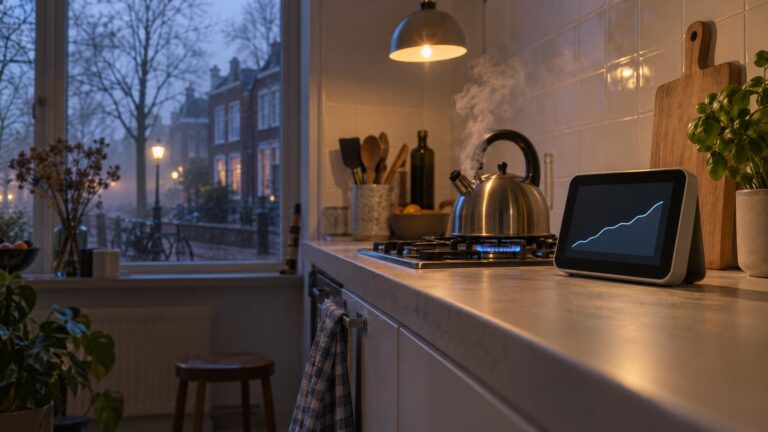 Keuken in een rijtjeshuis bij zonsopkomst in de herfst, met een energiedisplay met stijgende lijn, een fluitketel en een brandend gasfornuis