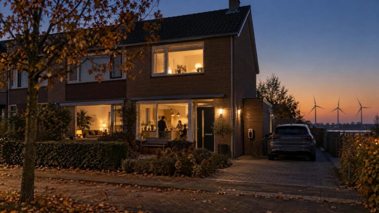 Rijtjeshuis in de schemering met verlichte keuken, een elektrische auto aan de laadpaal en stilstaande windmolens in de verte