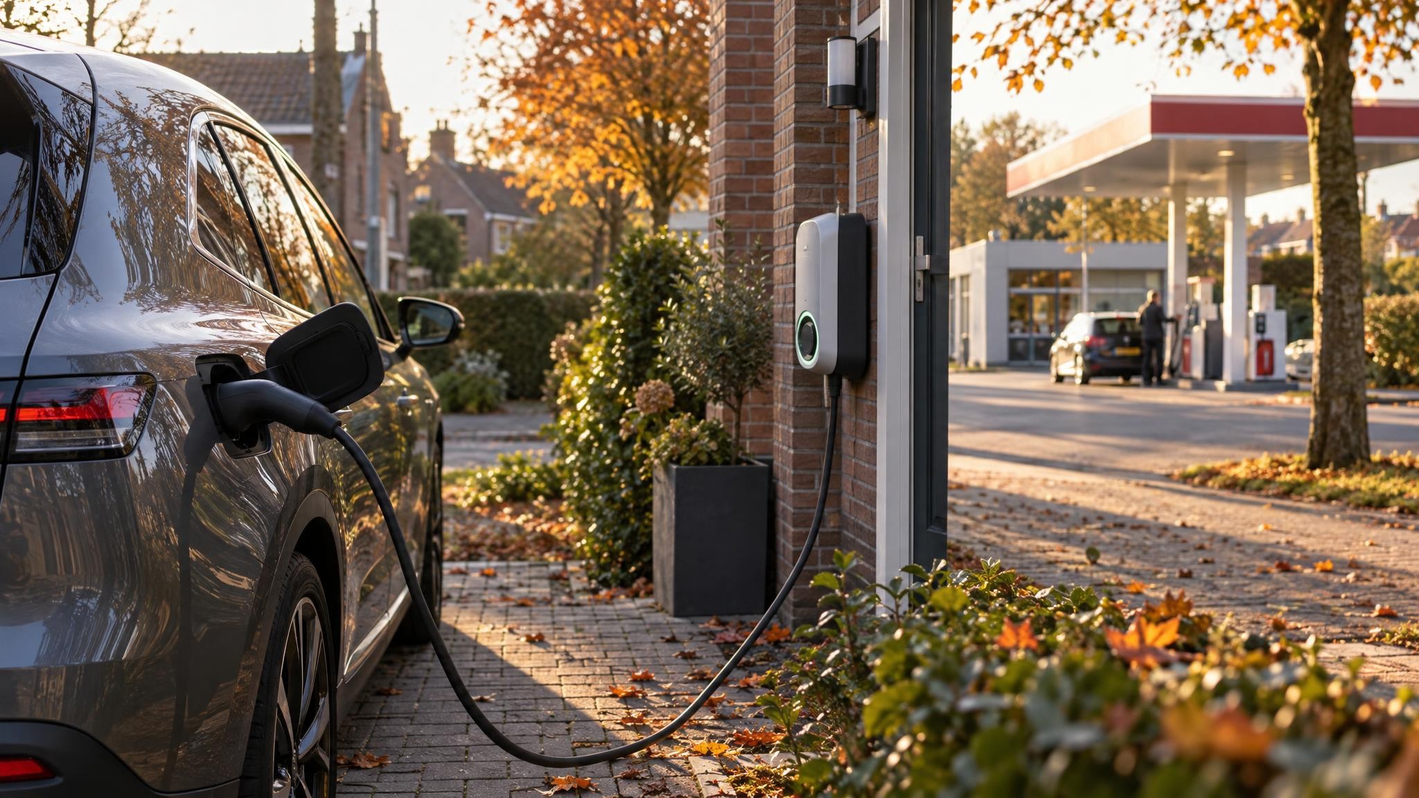Elektrische auto laadt aan een laadpaal bij een rijtjeshuis, met op de achtergrond een tankstation in herfstlicht