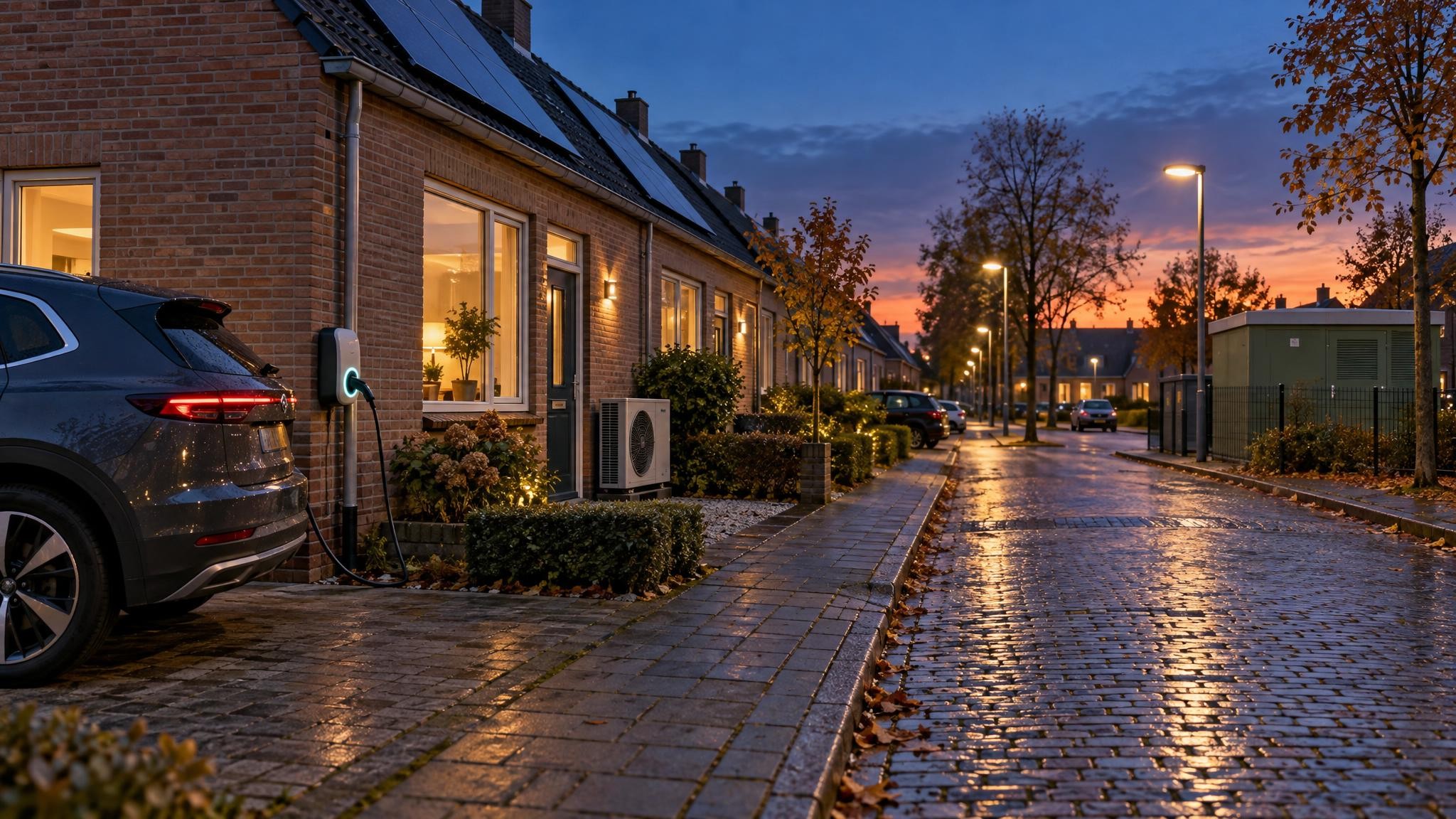 Elektrische auto aan een laadpaal op de oprit van een rijtjeshuis in een Nederlandse woonstraat in de avondschemering