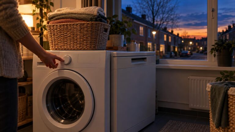 Hand bij de draaiknop van een uitgeschakelde wasmachine in een bijkeuken, met door het raam een Nederlandse straat in de avondschemering