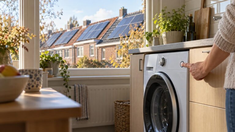 Hand zet een wasmachine aan in een lichte keuken, met door het raam daken van rijtjeshuizen vol zonnepanelen in de herfstzon