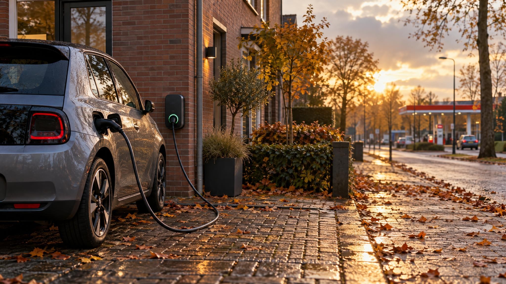 Elektrische auto laadt op de oprit van een Nederlandse rijtjeswoning op een herfstmiddag, met op de achtergrond een tankstation
