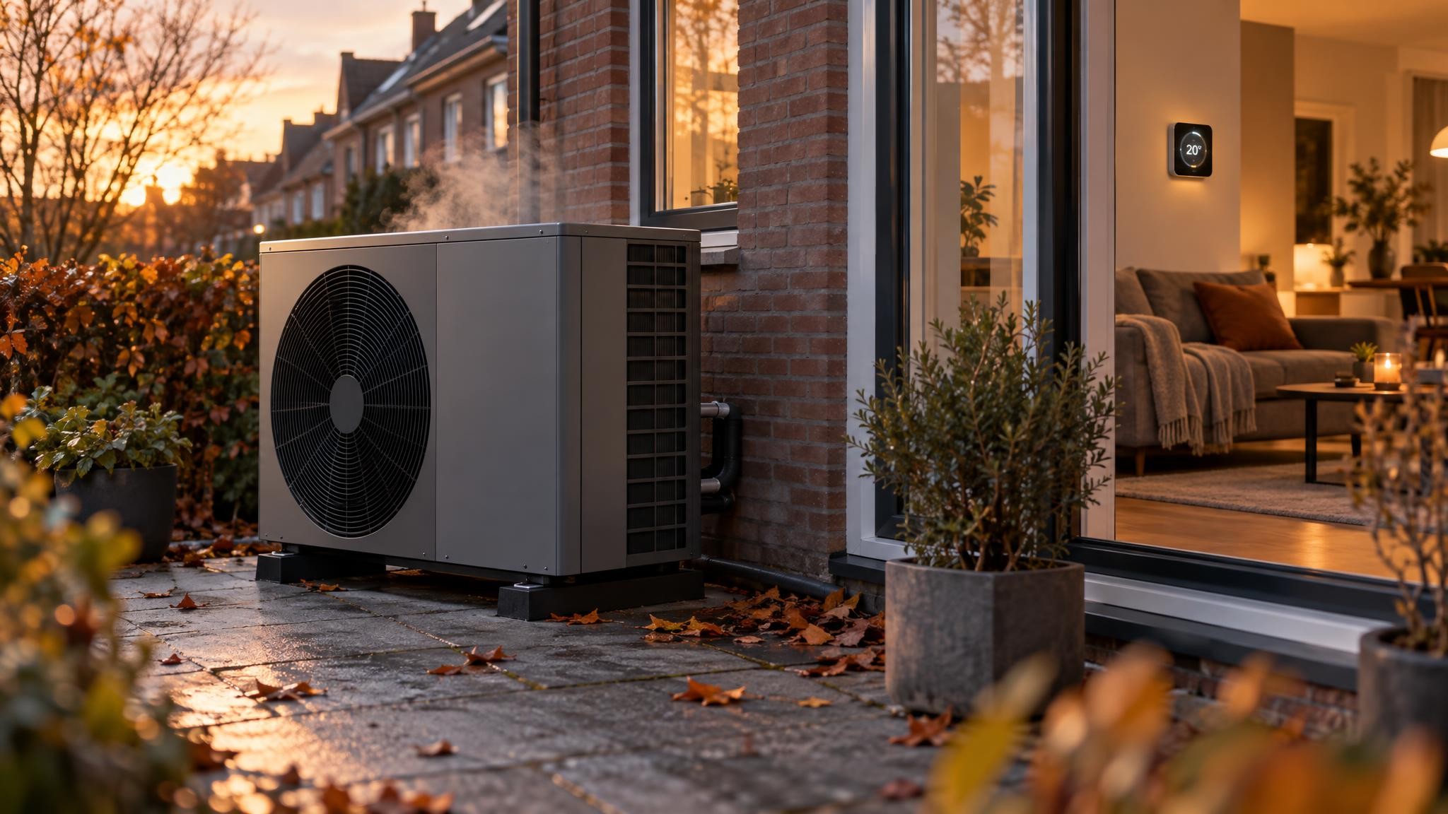 Buitenunit van een lucht-waterwarmtepomp naast een bakstenen rijtjeshuis in de herfst, met warm licht uit het raam