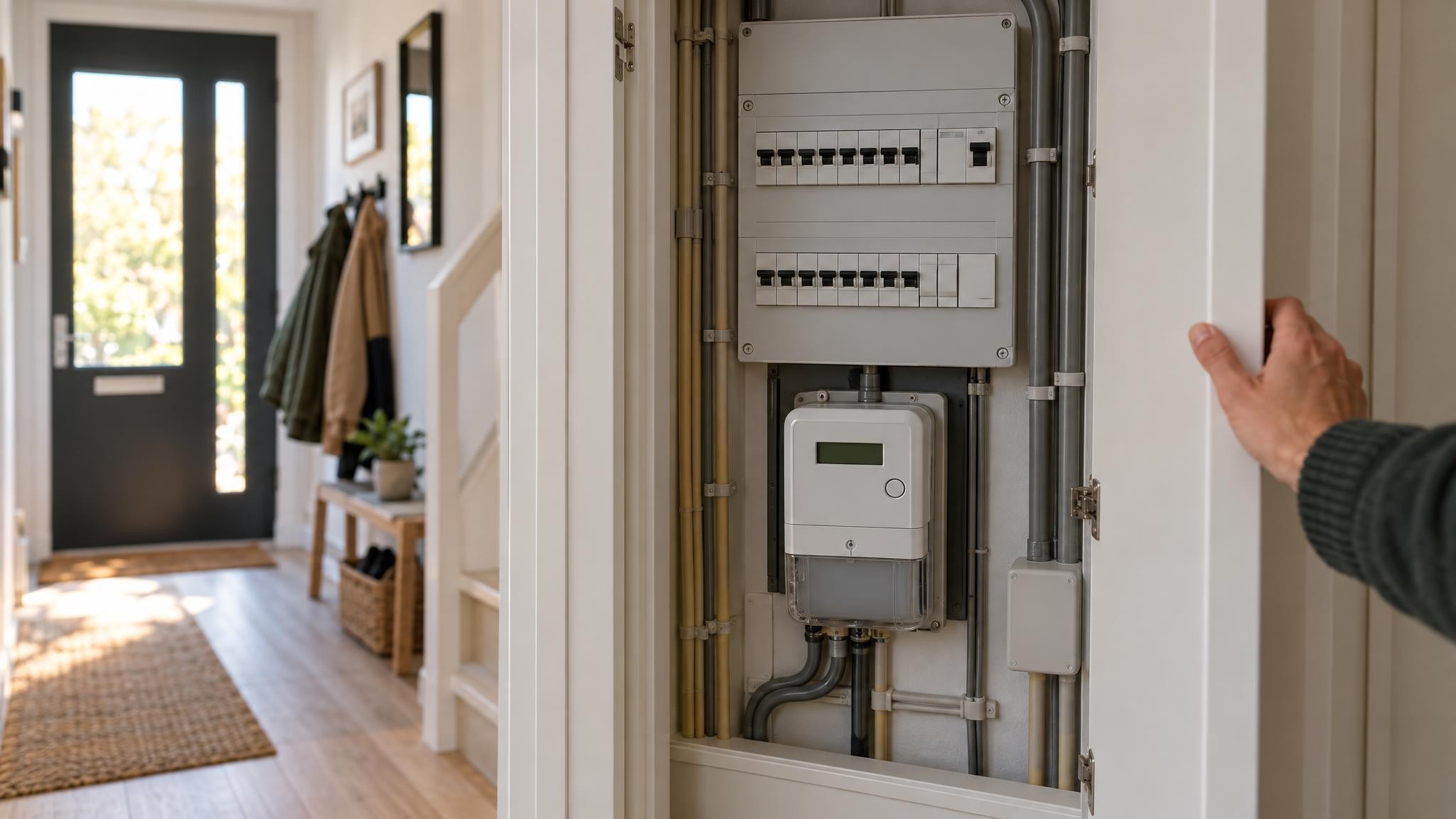 Geopende meterkast in de gang van een rijtjeshuis met groepenkast en slimme meter