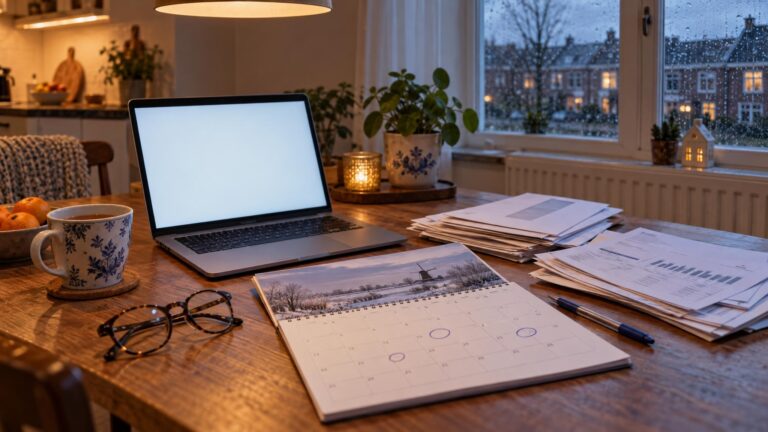 Keukentafel met laptop, kalender en energierekeningen in een Nederlandse woning op een winterse middag, met een radiator onder het raam