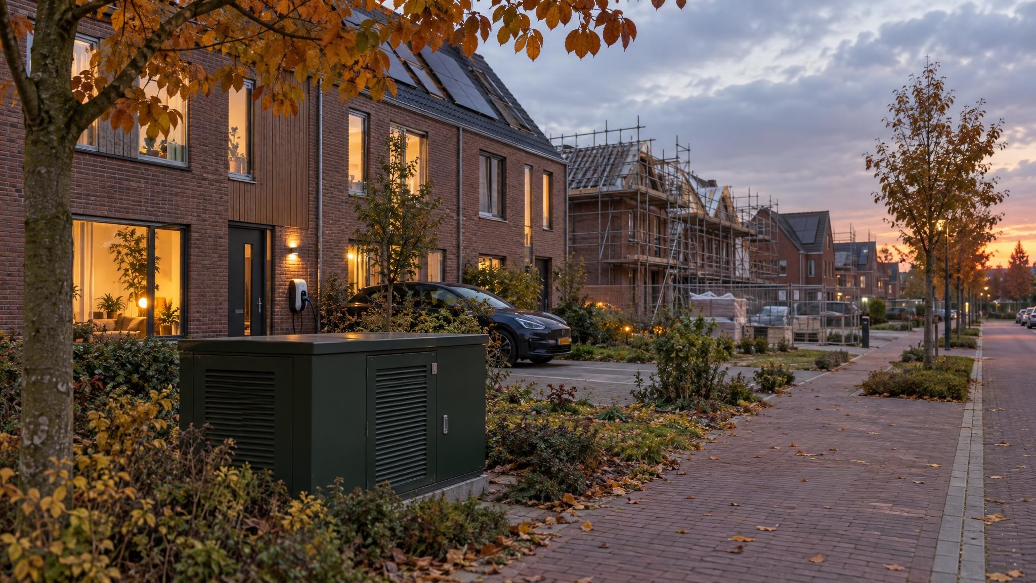 Nieuwbouwwijk in de avond met een elektriciteitskast op de stoep, rijtjeshuizen in aanbouw en een elektrische auto aan een laadpaal