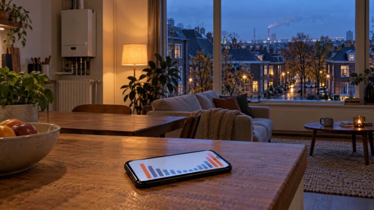 Woonkamer in een Nederlands rijtjeshuis bij schemering, met een smartphone met een staafgrafiek op het aanrecht en in de verte een gascentrale