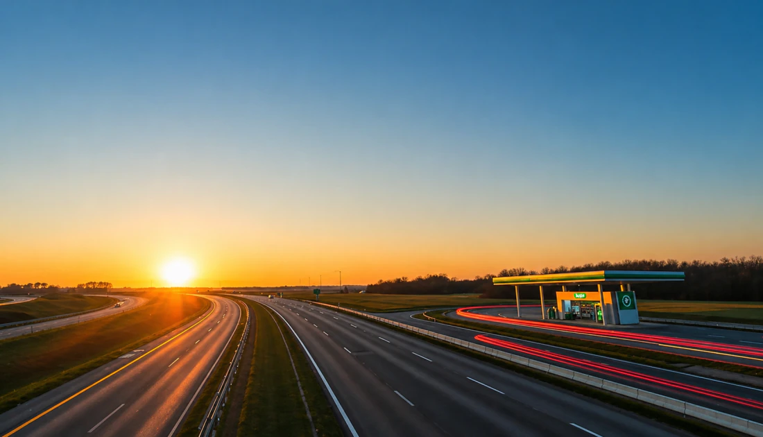 Nederlandse snelweg met tankstation in de avond
